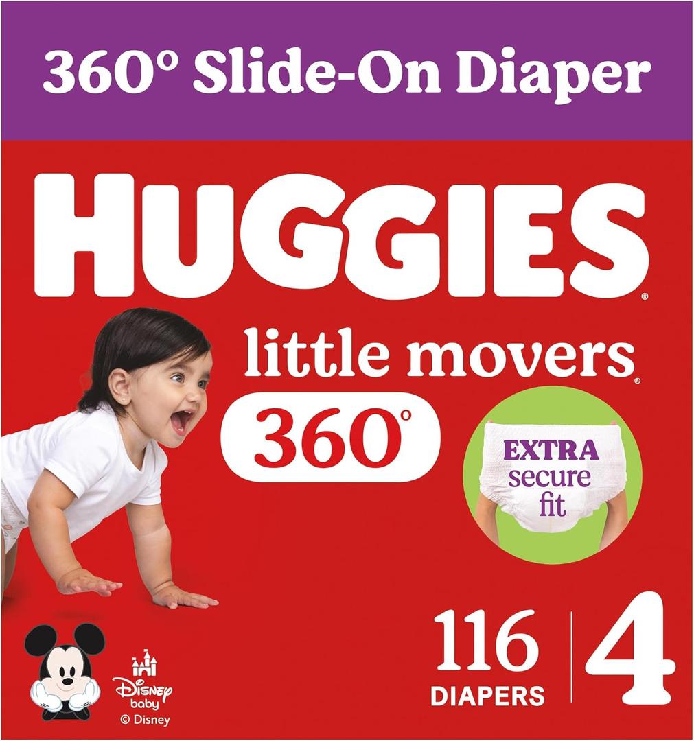 Huggies Size 4 Baby Diapers, Little Movers HuggFit 360° Baby Diapers with 360° Waistband, Size 4 (22-37 lbs), 116 Count