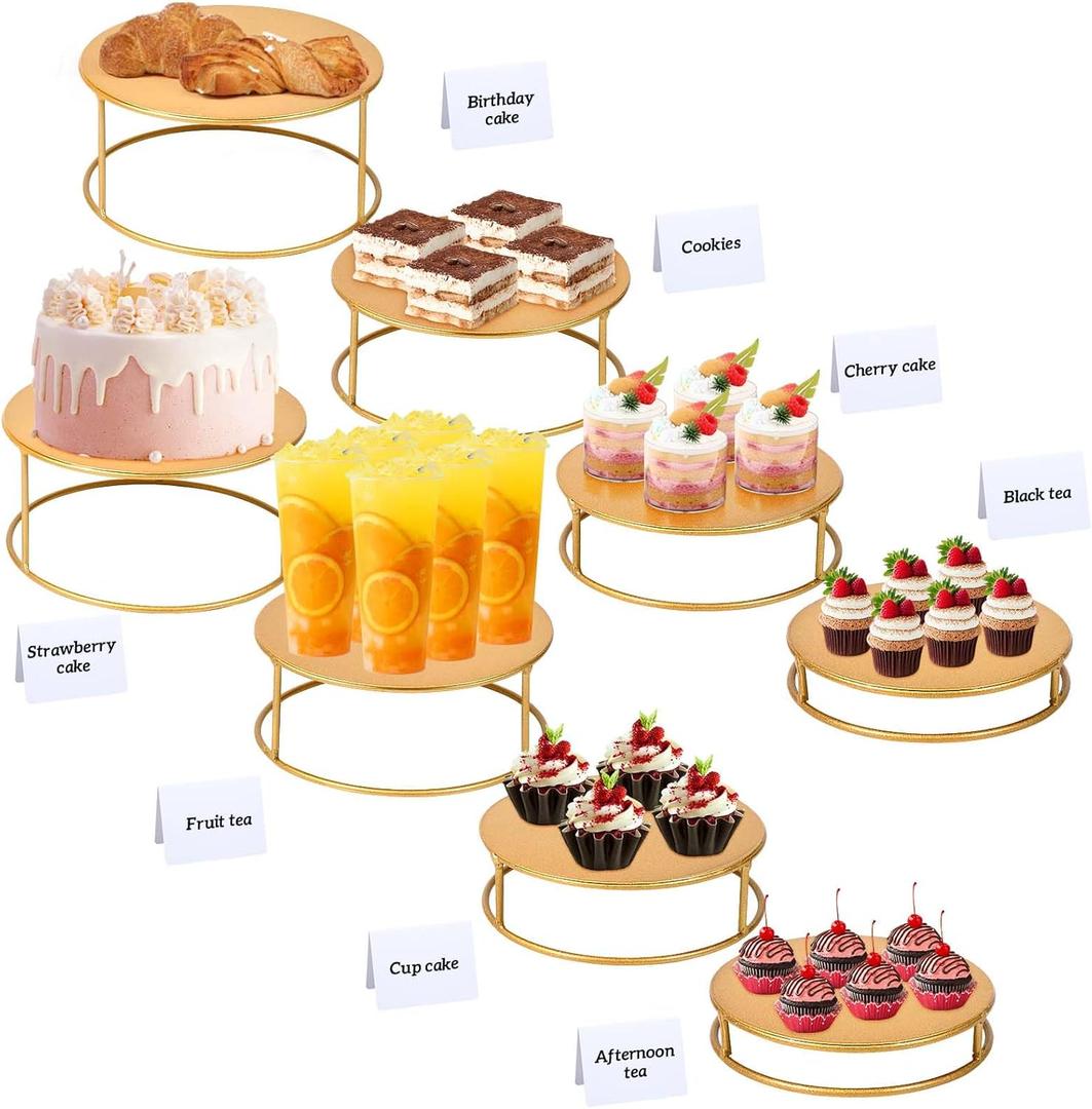 Blulu 8 Set Buffet Risers Gold Metal Table Risers Display Stand Round Nesting Tabletop Riser 4 Different Size with 8 Buffet Table Labels for Catering Cake Dessert Collectibles Jewelry Party Show
