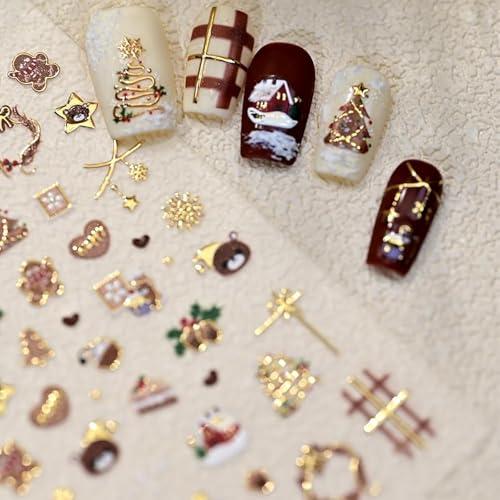 5D Embossed Christmas Nail Art Stickers Gold Bear Nail Stickers Self-Adhesive Wreath Xmas Tree Gingerbread Snowflakes Nail Decals for Women Girls Winter Xmas Holiday Manicure DIY Nail Supplies