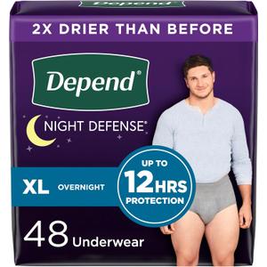 Depend Night Defense Adult Diapers, Incontinence Underwear for Men, Disposable, Overnight, Extra-Large, Grey, 48 Count (4 Packs of 12)