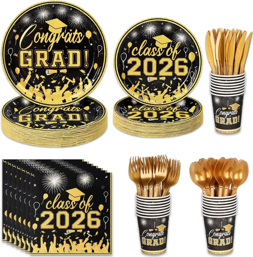 175PCS Graduation Plates and Napkins Set 2026 Graduation Party Supplies Tableware Set Include Paper Plate Napkin Cup Knife Fork Spoon for Black Gold Grad Party Decor Serve25 (Black and Gold)