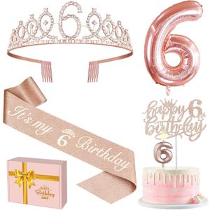 6th Birthday Decorations for Girls, Including 6th Birthday Sash and Tiara, Cake Topper and Candle, Number Balloon, 6 Year Old Girl Gifts