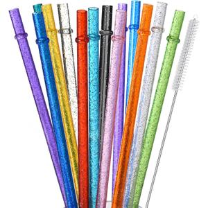ALINK 12-Pack Reusable Glitter Straws, 13 inch Extra Long Hard Plastic Tumbler Straws for Stanley Cups, 64 oz 40 oz 32 oz Tumblers, Yeti, Mason Jar, Gallon Jug with Brush - Assroted Colored