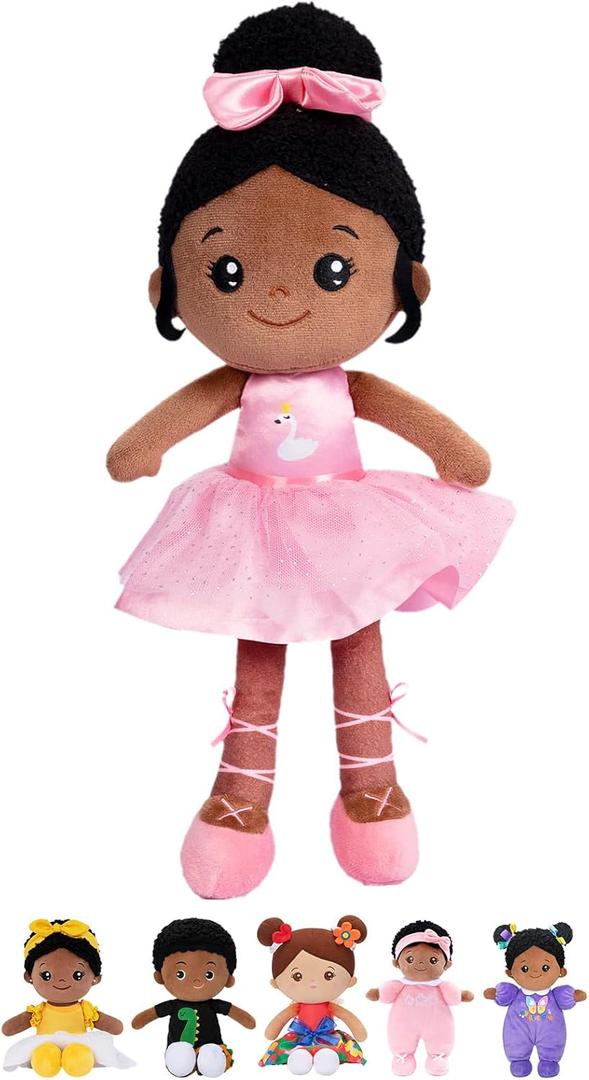 OUOZZZ 12.6" Black Soft Baby Dolls Toys for 1 Year Old Girl Gifts, African American Dolls Birthday Gifts for 1 Year Old Girl Ballerina Doll Plush Toys for Toddler