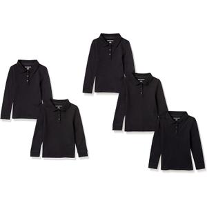 Amazon Essentials Girls and Toddlers' Long-Sleeve Interlock Polo Shirts, Multipacks (Large, Black)