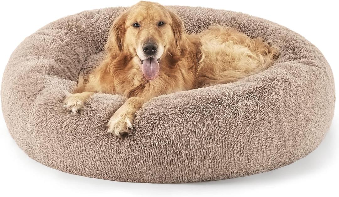 Bedsure Calming Dog Bed for Extra Large Dogs - Donut Washable Large Pet Bed, 45 inches Anti-Slip Round Fluffy Plush Faux Fur Dog Bed, Fits up to 120 lbs Pets, Camel