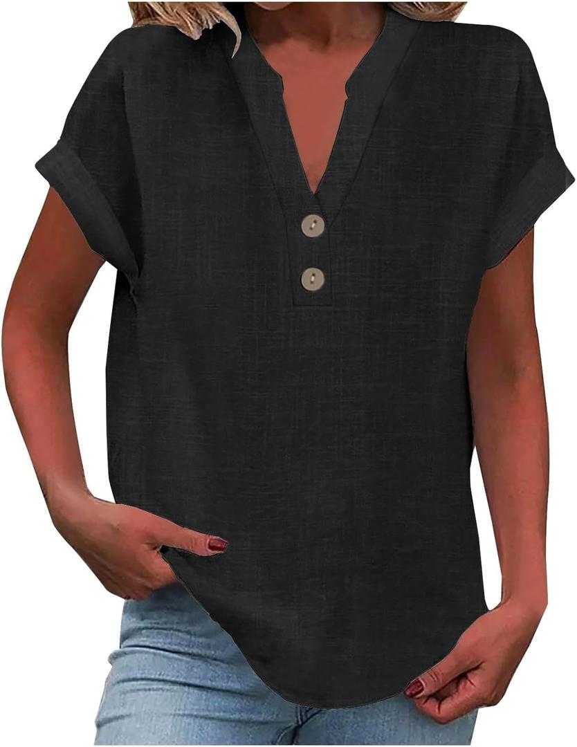 Womens Short Sleeve Linen Henley Tops V Neck Dressy Casual Blouses Summer Tee Shirts 2026 Vacation Fashion Clothes (X-Large, Black A01)