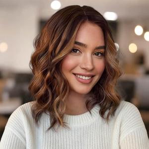Eawwii Brown with Caramel Highlights Short Wavy Wig for Women Lace Hairline Bob Style Synthetic Heat Resistant - Natural Appearance for Everyday Hairstyle 14 Inch Dark Brown