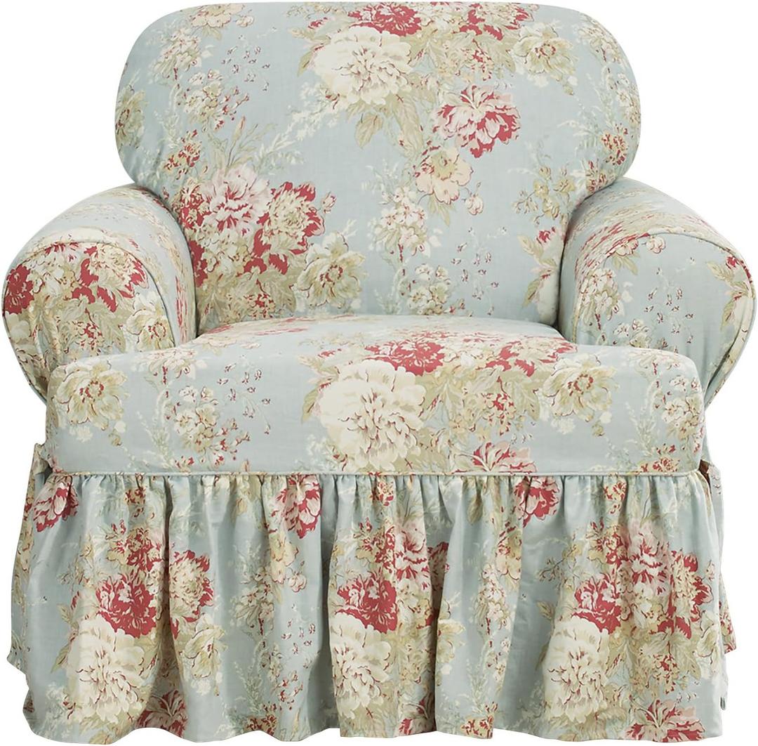 Waverly Ballad Bouquet Ruffled T Cushion Chair Slipcover, Chair T Cushion Cover with Cotton Floral One Piece Design and Ruffled Skirt, Machine Washable Chair Cover, Robin's Egg (T Cushion Chair, Robin's Egg)