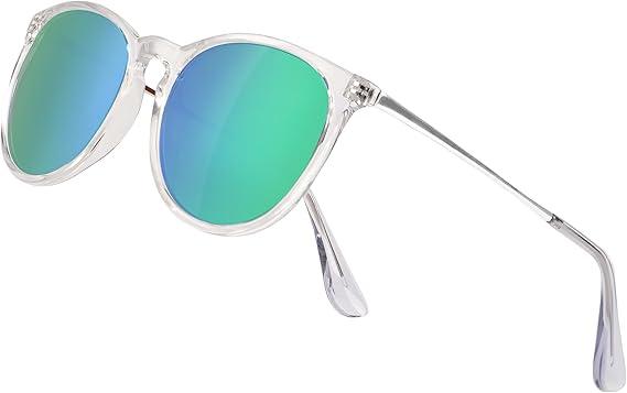 Classic Retro Round Polarized Sunglasses, TAC Mirror Lens Trendy Designer Style Shades for Women Men UV400 Protection, Transparent Frame/Green Lens