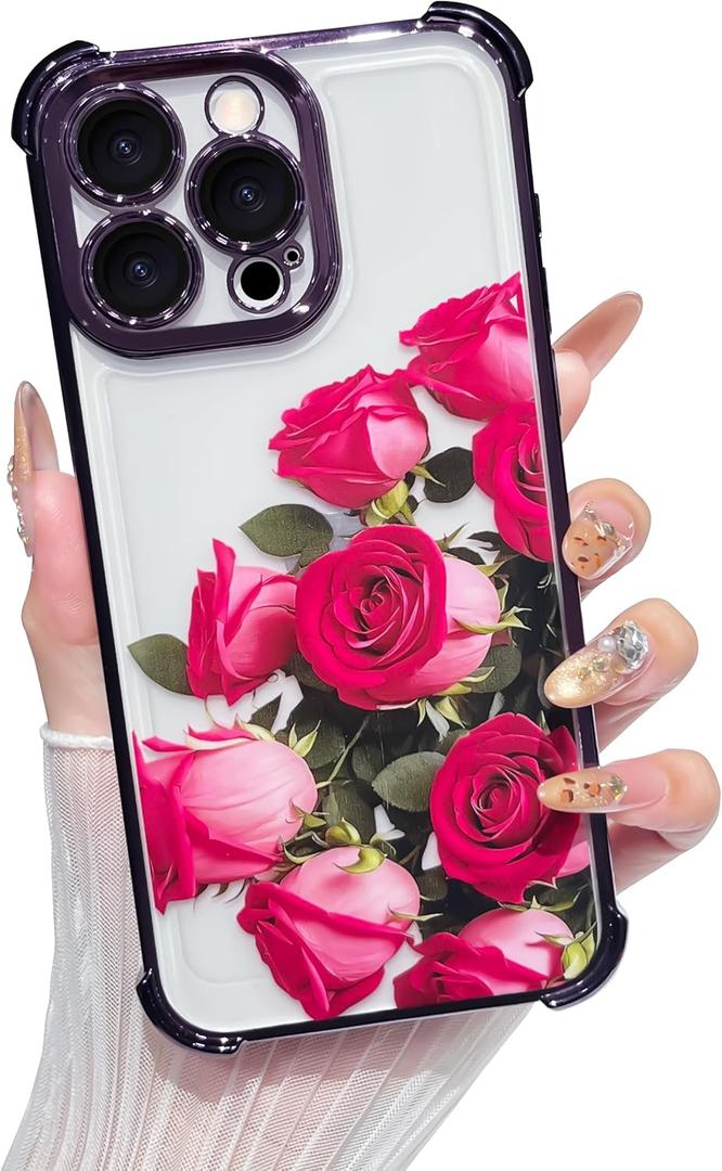 Yeddabox Compatible for iPhone 15 Pro Max Case, Clear Rose Flower Electroplated Cover with Airbag Shockproof Slim Soft TPU Phone Case for Women Girls, Purple