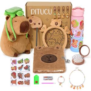 Ditucu Turtle Capybara Plush Gifts for Girls 4 5 6 7 8 9 10 Years Old with Stuffed Animal/Stickers/Water Bottle/Keychains/Diary/Pen/Headband/Comb/Necklace/Bracelet Plushies Toys Set