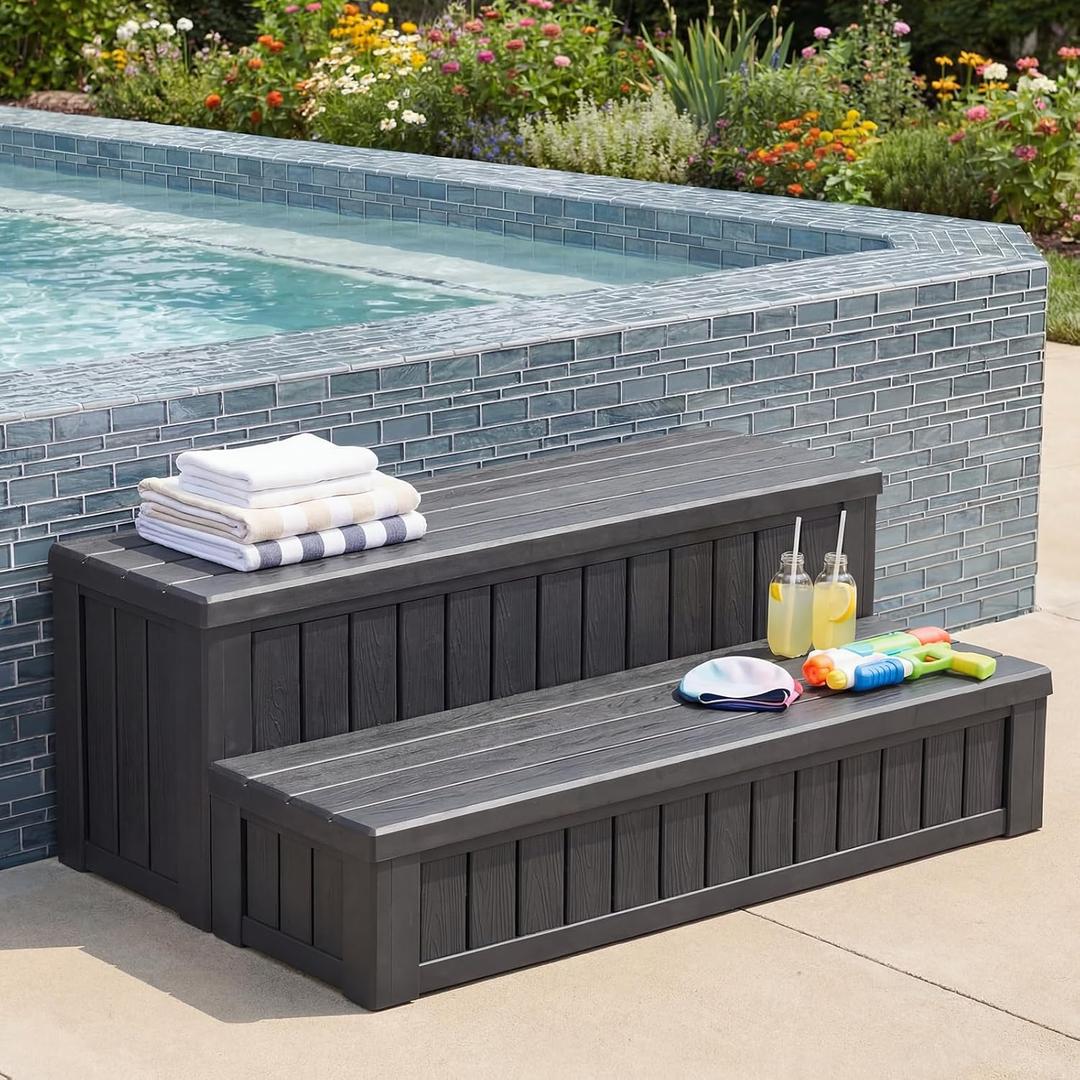36.6 Hot Tub Steps with Storage, 780 lbs Load Capacity Heavy Duty Outdoor Spa Steps with No-Screw Snap Assembly, Non-Slip Universal Hot Tub Stairs for Spa, Pool, Patio, RV, Porch & Indoor Use, Black