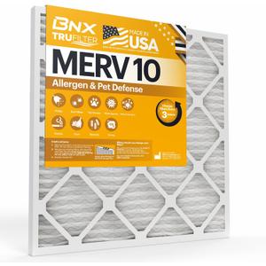 BNX TruFilter 12x12x1 MERV 10 (2-Pack) AC Furnace Air Filter - MADE IN USA - Pleated Air Conditioner HVAC AC Furnace Filters - Removes Odor, Mold, Bacteria, Smoke