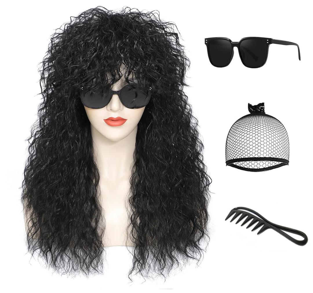 Adequate Womens 80s Rocker Mullet Wig Halloween Costume Wig Long Curly Black Party Funny Wig (Black)