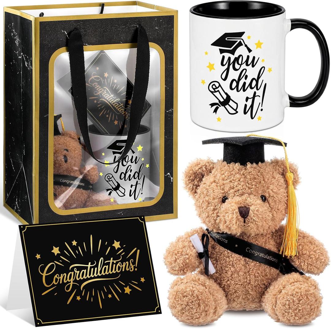 Sliner 4 Pcs Graduation Gifts 2026 for Her or Him, Stuffed Graduation Bear 11oz Ceramic Grad Mug Greeting Card with Bag, End of Year Gifts(Grad)