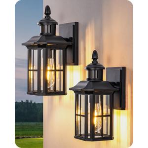 EDISHINE 2 Pack Motion Sensor Outdoor Wall Lights, Dusk to Dawn Exterior Lighting Fixture, Modern Porch Light Wall Mount, Clear Water Glass, Anti-Rust Aluminum for Front Door Garage, Patio, Black