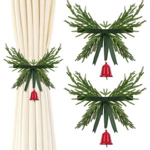 Suncalla 2 Pcs Christmas Wreath Curtain Tieback Buckle with Velvet Ribbon Bow and Bells Christmas Curtain Holdbacks Fastener for Xmas Holiday Window Home Decoration (Green, Red)