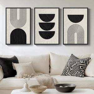 Framed Boho Black and White Abstract Wall Art, 3 Piece Modern Beige Canvas Prints Paintings Artwork for Walls, Black Geometric Pictures for Living Room Bedroom Hallway Office Wall Decor 16x24 In