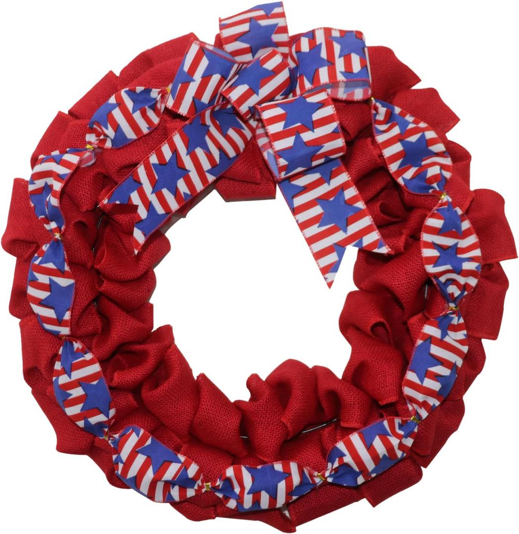 20 Inch 4th of July Wreath Patriotic Burlap Wreaths for Front Door Red White Blue Memorial Day American Flag Wreath with Bowknot 4th of July Decorations Outdoor