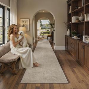 2x10 Hallway Runner Rug, High-Low Pile Textured Washable Rug Beige | Soft Fluffy Textured Design, Non Slip & Lighweight, Folable, Stain Resistant 10ft Carpet Rug for Living Room,Kitchen,Entryway