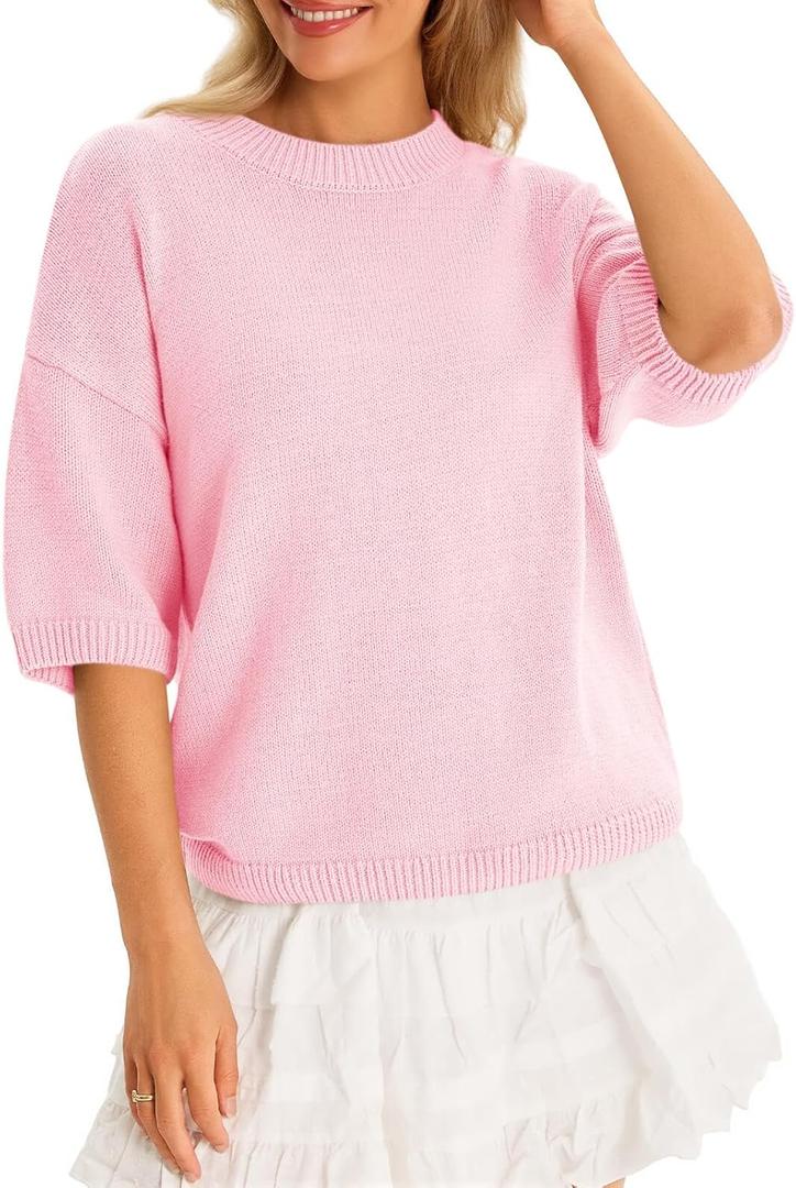 Cicy Bell Womens Short Sleeve Sweaters Oversized Crew Neck Knit Pullover Tops Summer Loose Fit Sweater (Large, Pink)