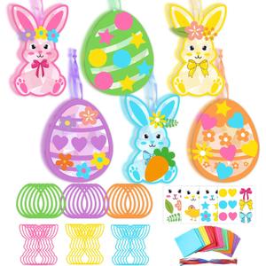 JarThenaAMCS 24Pcs Easter Craft Kit Suncatchers Crafts Colorful Cute Bunny Rabbit Egg Tissue Paper Sign for Easter Spring Holiday Party Favors Window Art DIY Project