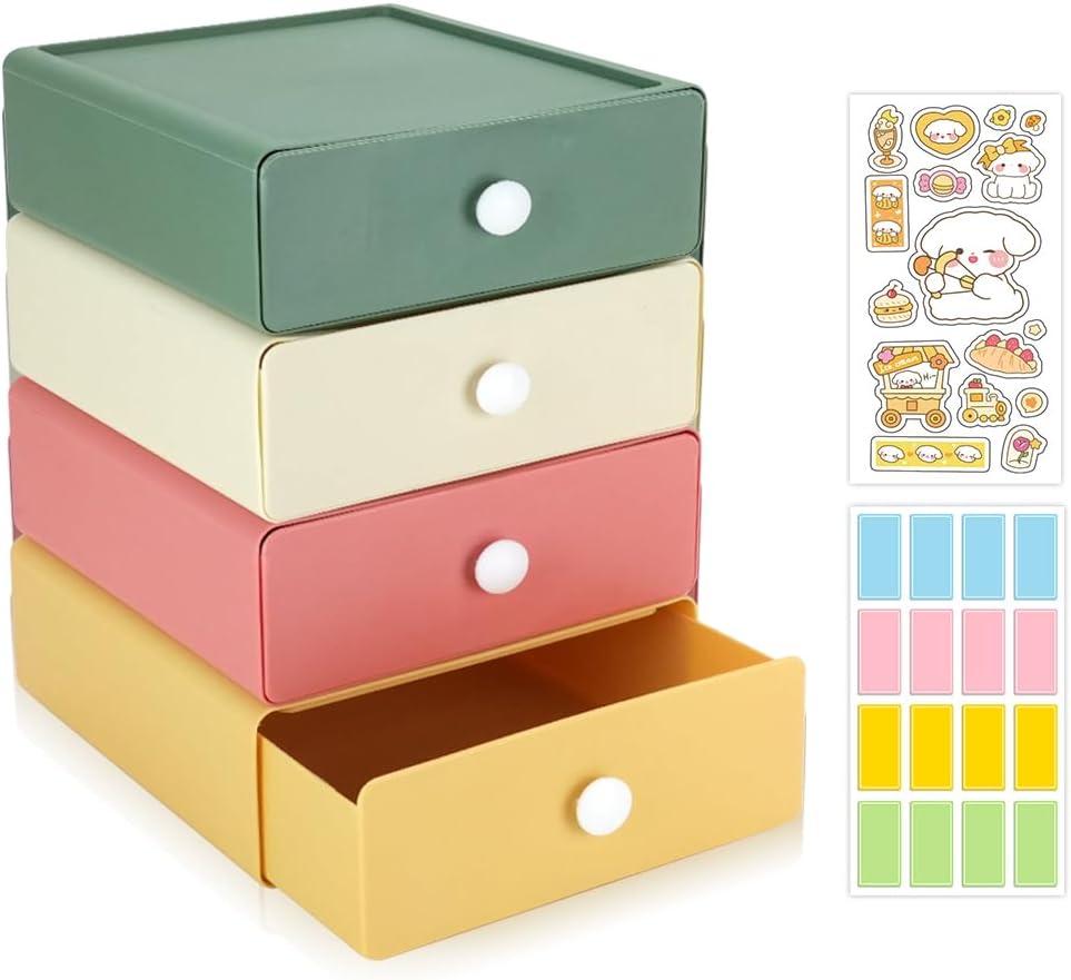4 Pcs Desktop Organizer Storage, Stackable Storage Boxes with 4 Plastic Drawers, Desk Organizer Drawers with 2 Tabs, Small Office Storage for Stationery Supplies Makeup Dorm Bathroom (4 Colors)