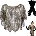 CHIC DIARY Women's 1920s Shawl Sequin Shawls and Wraps Lace Flapper Cape and Black Gloves for Party Evening Dress (Black), One Size