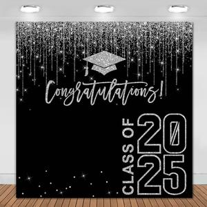 Class of 2025 Graduation Backdrop 10x10ft Black and Silver Congratulations Graduates Background Party Decorations 2025 Congrats Grad Banner Photo Booth Props