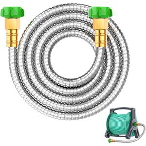 Short Metal Garden Hose 5 ft with Female to Female Connector Stainless Steel Small Leader Hose for Hose Reel, Long, Flexible, Lightweight & Heavy Duty Water Pipe, Outdoor Water Hose Extension Adapter