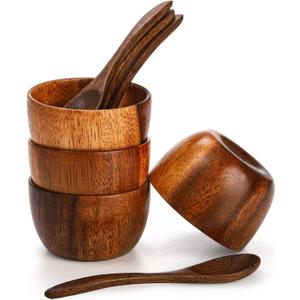 Lyellfe Set of 4 Acacia Wooden Bowl, 4 Oz Dipping Sauce Bowl with Spoon, 3 Inch Small Charcuterie Dish, Soup Water Cup for Condiments, Jam, Nuts, Appetizer, Snack, Yogurt