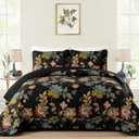 WONGS BEDDING Quilt Set Queen Size, Black Botanical Queen Bedspread Bedding Sets, 3 Pieces Floral Quilt with 2 Pillowcases,Soft Lightweight Microfiber Coverlet Set for All Season(96"X90")
