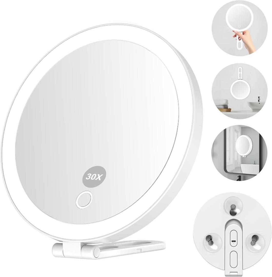 Mocado 30x Magnifying Mirror with Light, 6" Travel Magnifying Mirror with 3 Suction Cups, Lighted Makeup Mirror with 30x Magnification, 3 Colors Lighting, Stable Stand, Handheld Mirror(White)