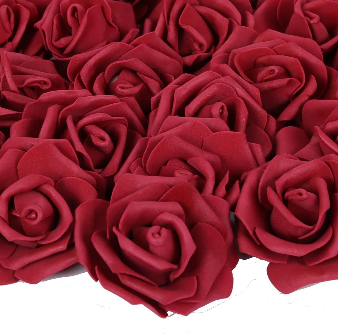 Artificial Rose Flowers,100 pcs Foam Rose Bulk Burgundy Fake Flower Heads for DIY Wedding Bouquets Rose Wall Kissing Balls Bridal Shower Centerpieces Arrangements Party Tables Decorations(Burgundy)