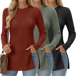 Oakgarden 3 Pack Women's Long Sleeve Shirts with Side Split Crew Neck Lightweight Tunic Sweaters Ribbed Casual Fall Tops (L)