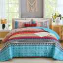 WONGS BEDDING Bohemian Quilt Set King Size, Boho Striped Printed Quilts Bedspread Set for All Seasons, Lightweight Microfiber Coverlet Bedding Set with 2 Pillowcases 104"x90" (3 Pieces, Colorful) (Blue Red)