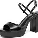 NEWBELLA Women's Platform Heeled Sandals - Open Toe Ankle Strap Slingback with Block Heel & Buckle, Summer Dress Shoes for Vacation & Evening (Dark Black, Adult, Women, 9, Numeric, US Footwear Size System, Medium) (Black)