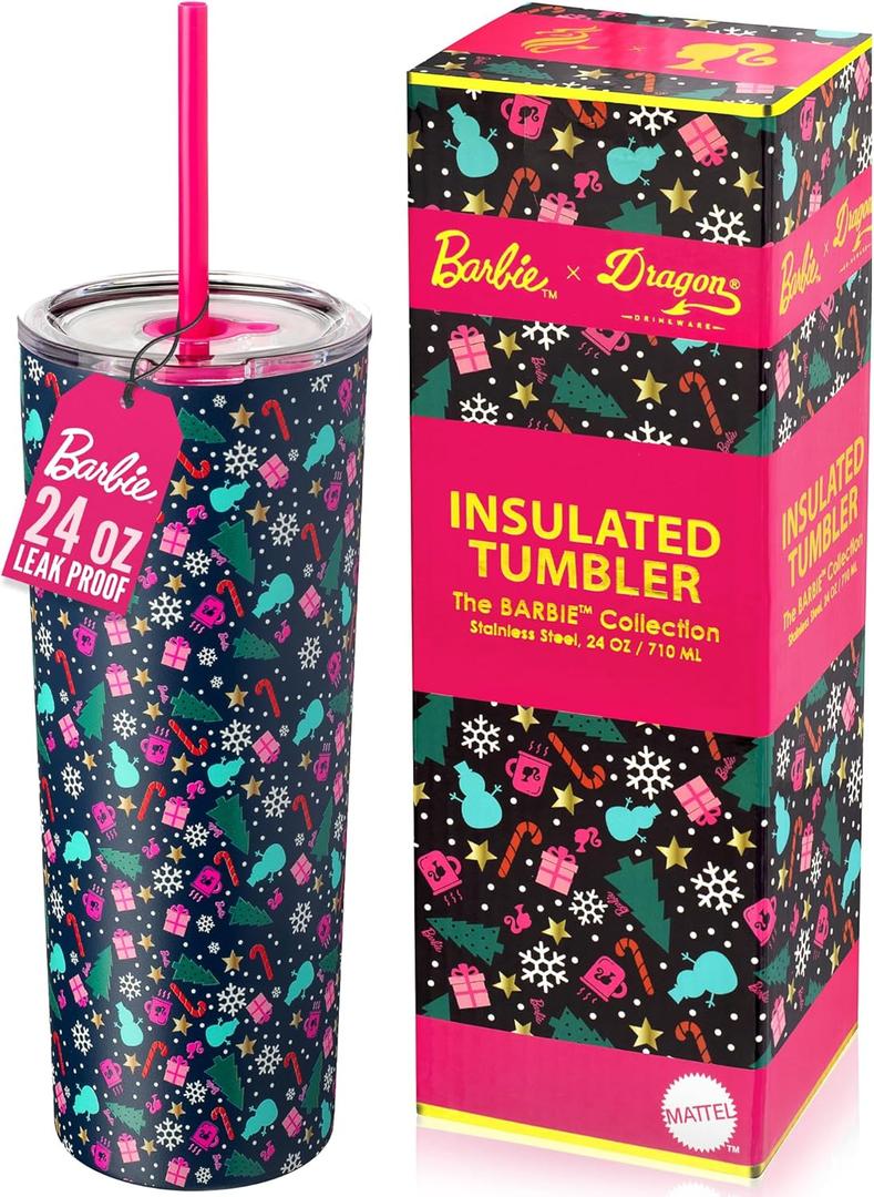 Dragon Glassware Barbie 24 oz Insulated Stainless Steel Tumbler with Lid and 2 Straws - Festive Holiday Travel Coffee Tumbler Cup to Keep Drinks Hot or Cold, Fits Cup Holders - Christmas Theme