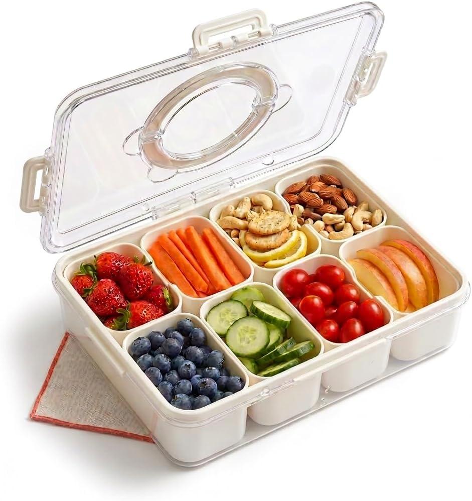 Dishwasher Safe Snackle Box Container 8 Compartments - Divided Serving Tray with Lid and Handle - Portable Snack Box BPA Free - Premium PCTG Plastic Snack Tray