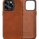 Belemay for iPhone 15 Pro Max Leather Case Compatible with MagSafe, Full-Grain Vegetable-Tanned Leather, Metal Buttons & Camera Bezel - Slim Fit&Sleek- Luxury Phone Cover (6.7-inch)-Saddle Brown