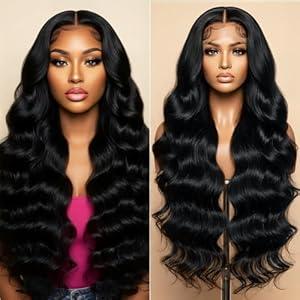 XISHISLAY 32 Inch Natural Black Body Wave Lace Front Wigs Human Hair HD Lace Front Wigs 200 Density Glueless Human Hair wig Pre Plucked Pre Cut for women