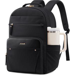 LOVEVOOK Laptop Backpack for Women with Leather Trim & Tumbler Pockets, 17.3" Work Backpack Purse, Travel Personal Item Bag, Carry On Business Computer Bag for Office, School, or Gift, Black