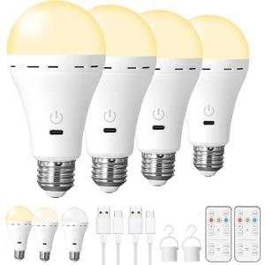 4Packs Magic Rechargeable Light Bulbs with Remote Control, E26 Cordless Battery Operated Light Bulb for Lamps, Wireless No Electricity Smart Battery Powered LED Bulb, 2200mAh/Dimmable/Timer (4pcs)