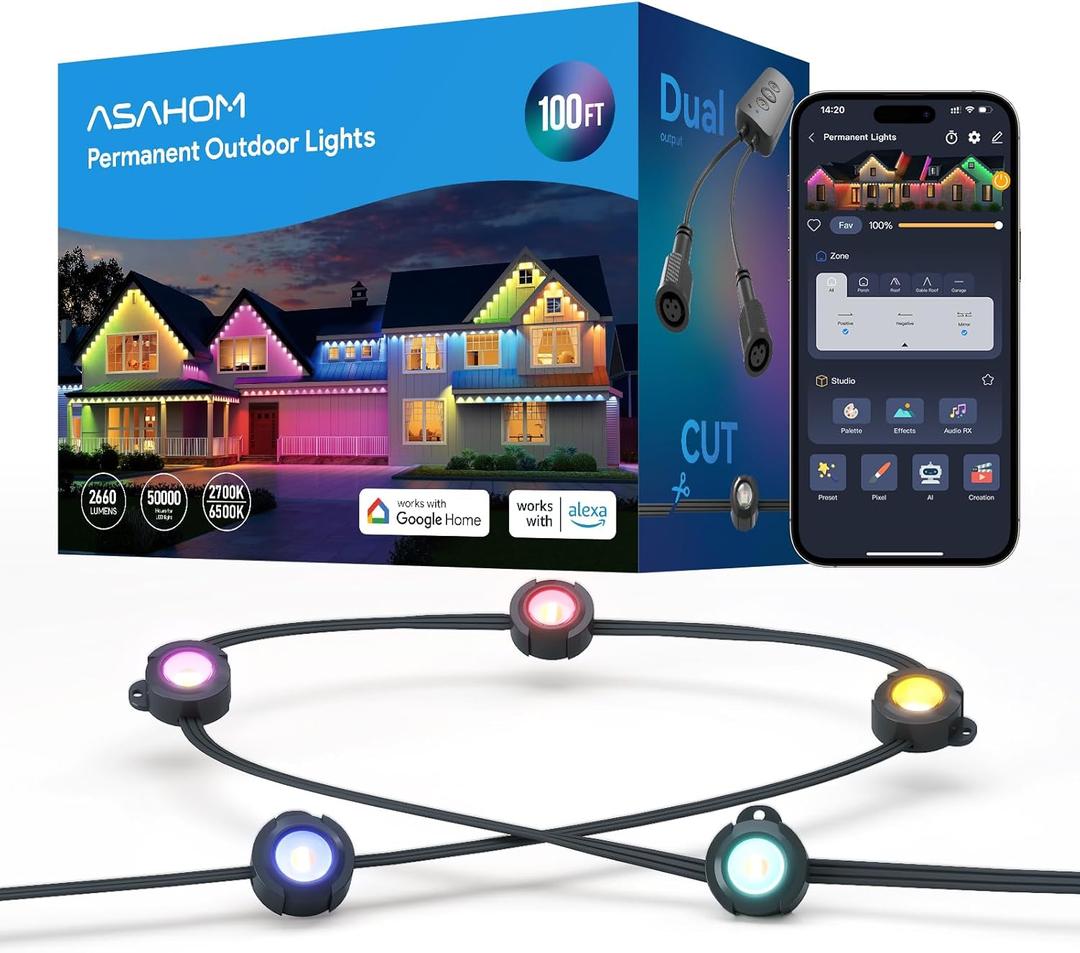 ASAHOM AI Permanent Outdoor Lights S107B, 100FT with 72 RGBCW LED Lights, 30,000 Lighting Effect, Controller with Dual Output, Extend to 800FT, Cuttable for House Outdoor Decor Daily Lighting, Black