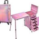 Joligrace Rolling Manicure Table 5 Drawers Foldable Nail Desk Cosmetology Case on Wheels Makeup Case with Brush Pouch for Technician Workstation Mobile Makeup Artist Trolley, Shiny Pink