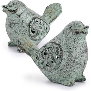 OwnMy 2PCS Cast Iron Green Bird Sculptures - Outdoor & Indoor Small Birds Statues, Hollow Carved Bird Figurines Ornaments Decorative Animal Figurines for Garden Patio Home Decors