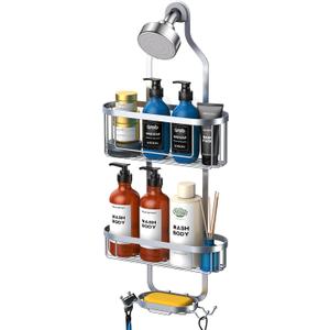Bathroom Hanging Shower Organizer, Over Head Shower Caddy Shower Storage Rack Basket with Hooks for Razor and Sponge Rustproof, Silver [Patented]