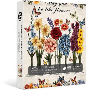 Flowers 1000 Piece Puzzles for Adults, PICKFORU Vintage Plant Floral Jigsaw Puzzles Butterfly, Challenging Hard Unique Inspirational Quotes Theme as Home Wall Decor