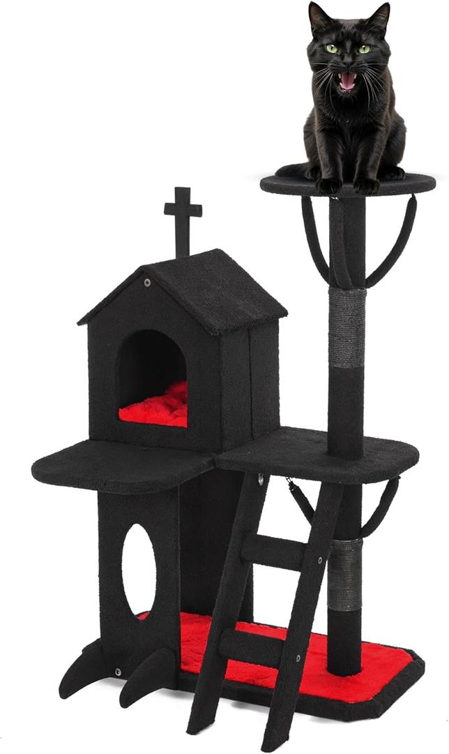 Aesthetic Gothic Cat Tree, 3-Layer Sturdy Black Cat Tower, Spacious Play Area Fits Two Cats, Soft and Cushioned Goth Cat Tower for Halloween, media